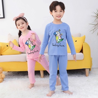 pijama conjuntos de estilo japonés de manga larga pijamas de dibujos animados dinosaurio impresión o-cuello pijama ligero unisex para niños y niñas algodón dormir ropa