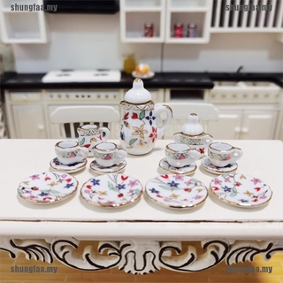 SFFA 15Pcs 1:12 miniatura porcelana taza de té Set Chintz flor vajilla juguetes de cocina