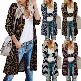 fuhuangya - chaqueta de punto de leopardo frontal abierta para mujer, manga larga, ligera