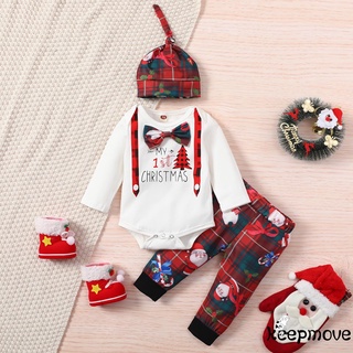 TXT-ropa de tres piezas para bebé, diseño de dibujos animados de navidad, mameluco de manga larga y pantalones con sombrero