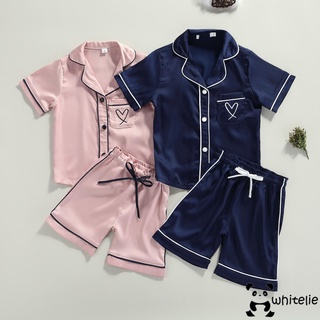 We-2 piezas conjunto de pijama de verano para bebé, patrón de corazón, camisa de solapa de manga corta con bolsillo y pantalones cortos con cordón