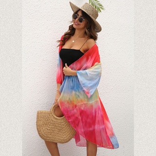 KALEN Womens Summer 3/4 Sleeves Mesh Kimono Cardigan Irregular Rainbow Tie-Dye Print Open Front Swimsuit Cover Up Flowy Loose Beachwear (4)