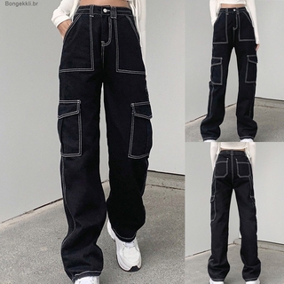 [bgk] pantalones de pierna ancha de cintura media para mujer, pantalones vaqueros casuales, pantalones holgados