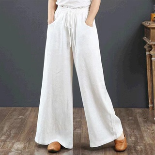 Mujer algodón y lino cintura alta gran tamaño suelto casual pantalones (8)