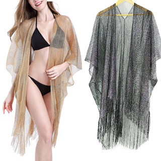 aa mujer verano metálico brillo color sólido traje de baño cubrir borlas largas dobladillo asimétrico kimono cardigan pura punto protector solar chal ropa de playa