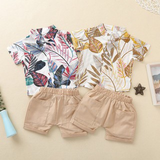 Ropa de niños traje trajes de verano con estampado de hojas de manga corta con solapa + pantalones cortos 2 piezas conjuntos de niños
