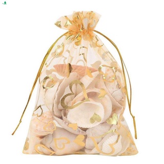 [Hot Sale]100Pcs 9x12cm Sheer Drawstring Heart Organza Jewelry Pouches Wedding Party Christmas Favor Gift Bags (Gold)