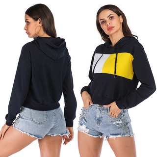 Women Fashion Hooded Sweatshirt Contrast Color Stitching Long Sleeve Loose Hooded Pullover Tops for Spring Autumn