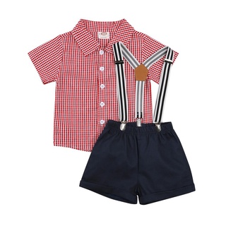 ✤Qs☆Bebé camisa de manga corta + tirantes pantalones cortos, impresión a cuadros caballero estilo ropa de verano (1)