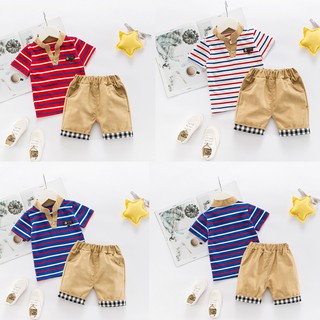 Verano niños niños manga corta impresión rayas Tops blusa camisas+pantalones cortos niños Casual trajes conjuntos