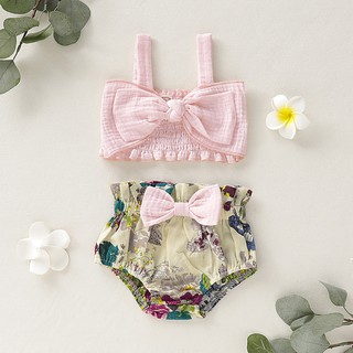 ropa de verano de dibujos animados niño bebé niñas sin mangas rosa arco tops+floral pp pantalones cortos trajes 2pcs conjunto