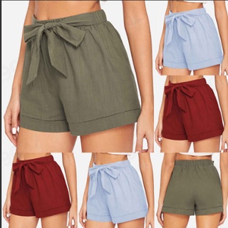 *dmgo*=mujer verano casual lazo cintura enrollada dobladillo algodón suelto pantalones cortos calientes