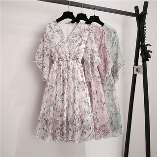 vestido de gasa con estampado floral de verano con cuello en v/mangas cortas con forro (1)