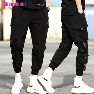 [Shengbinin] Men's Side Pockets Cargo Harem Casual Pants Ribbons Hip Hop Joggers Trousers