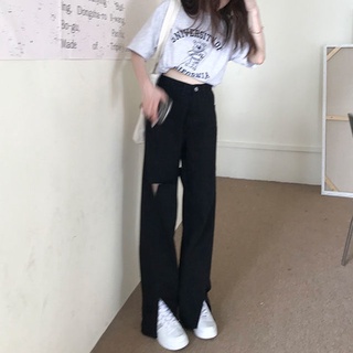 especial split ripped ancho de la pierna pantalones para las mujeres summerinsnew estilo coreano de cintura alta todo-partido suelto adelgazar pantalones de mezclilla
