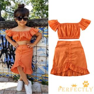 QDA-1-6Y niños traje de dos piezas niños niñas Color sólido cuello barco manga corta camiseta+falda (naranja)