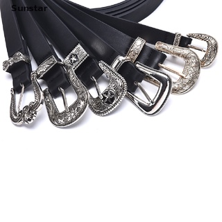 [Sunstar] Cinturón de cuero negro de las mujeres de Metal corazón hebilla cinturón Vintage tallado niñas cinturón (5)