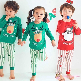 Juego de pijamas de navidad de 1-6 años, 2 piezas, algodón para niños, estampado de papá noel, cuello redondo, manga larga, Tops casuales, pantalones sueltos de estrella de rayas (1)