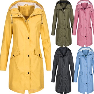 Ourfairy • impermeable con capucha para mujer, lluvia sólida al aire libre, tamaño grande, chaqueta larga a prueba de viento