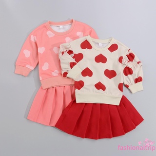 Gml-Girls Casual conjunto de ropa de dos piezas, patrón de corazón impreso cuello redondo jersey y falda, rosa/rojo
