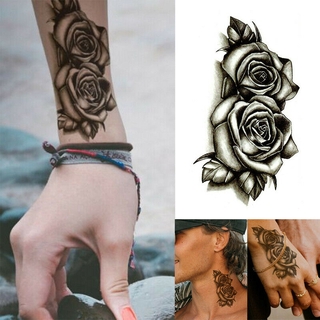 Negro moda impermeable temporal tatuaje pegatina/transferencia de agua doble rosa flores/pareja día de san valentín calcomanía arte corporal (3)