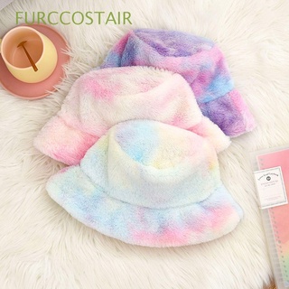 FURCCOSTAIR Rainbow Tie-Dye Bucket Hats Women Faux Fur Cap Fishing Cap Fashion Outdoor Vacation Warm Soft Winter Hat