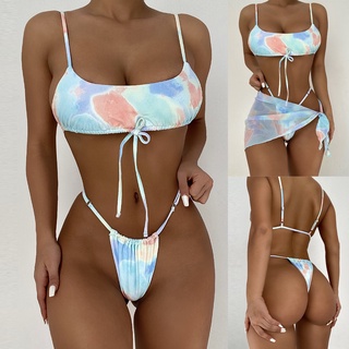 Women Two-Piece Tie-dye Lacing Push-Up Padded Bra Bikini Swimwear Beachwear