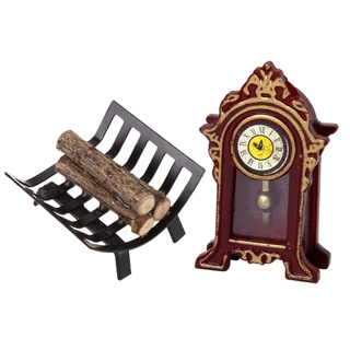 2 set 1/12 casa de muñecas muebles en miniatura: 1 juego de estante de metal con leña para sala de estar chimenea el & 1 set halls clásico reloj de mesa