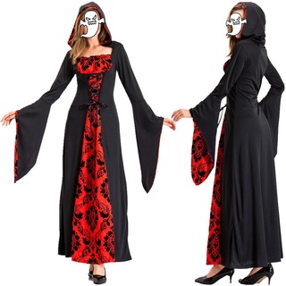 llamarada manga cuello cuadrado vestido de fiesta negro rojo vendaje con capucha retro impresión vestido de halloween cosplay disfraz