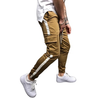 Nuevos hombres vintage Multi-bolsillo lateral rayas mono Slim Jogger casual pantalones masculinos High street Hip hop pantalones casuales