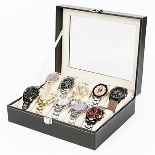 Zuo 10 rejillas caja de reloj de cuero de la PU relojes caso de exhibición de la joyería titular de almacenamiento organizador con bloqueo para mujeres hombres regalos
