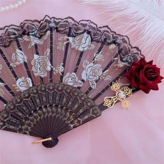 2021 más nuevo chino/español estilo danza boda fiesta de encaje seda plegable mano celebrada flor ventilador para regalo para recuerdo al por mayor (9)