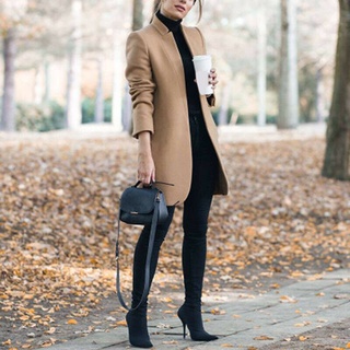 Mujer otoño e invierno Color sólido cuello de pie abrigo de lana (3)