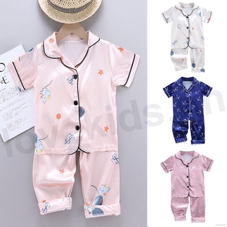 lok02893 nueva ropa de dormir de seda para niños niñas niños 2 unids/set blusa de manga corta tops + pantalones largos 0-6 años bebé terno pijama