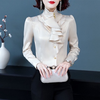 Camisa de negocios slim-fit con volantes de seda de simulación de cuello alto de negocios camisa de manga larga de gran tamaño camisa de gasa femenina camisa coreana