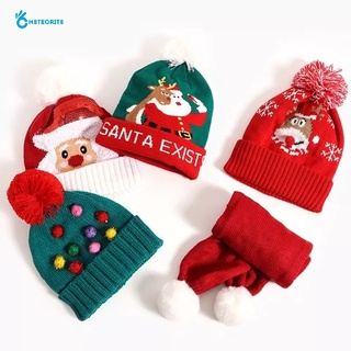[precioso] Navidad bebé niños sombrero de punto/navidad de dibujos animados reno Santa Claus gorros/ invierno caliente borla bola larga bufanda/niños regalos de año nuevo (1)