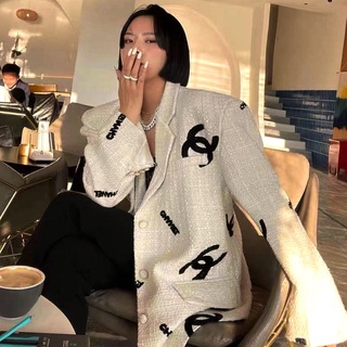 Chanel_Otoño e invierno nuevo estilo coreano suelto Retro lana abrigo mujer traje tejido Chamarra moda
