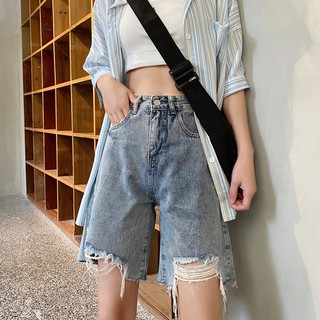 Versión de verano de ins Harajuku de talle alto pantalones cortos de mezclilla de cinco puntos de las mujeres sueltas de piernas anchas delgadas pantalones rectos tendencia