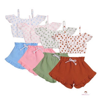 xzq7-niños niñas volantes conjunto de ropa, estampado de lunares sling pullover verano niños pequeños plisado encaje hasta pantalones cortos (1)