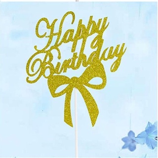 Jane decoración de tartas de brillo dorado Bowknot decoración de tarta de feliz cumpleaños decoración de tarta de cumpleaños decoración de tartas de cumpleaños bandera de cupcakes decoración de tartas de boda decoraciones de cumpleaños acrílico Cupcake Topper/Multicolor (4)
