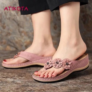 [atikota] Sandalias de flores Retro hechas a mano para mujer, cómodas, de fondo plano, de cabeza redonda, casuales, sandalia de verano, chanclas