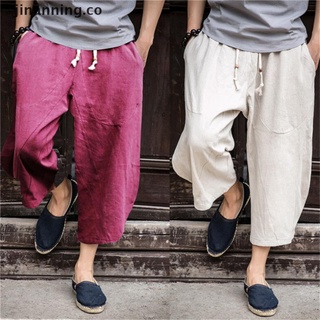 [jinanning] pantalones cruzados recortados de lino para hombre, de piernas anchas, holgados, casuales, sueltos, [co]