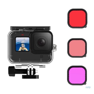 ystda 3pcs impermeable caso lente filtros para go pro hero 9 negro rojo púrpura rosa cristal templado lente cubierta para go pro hero 9 cámara negra
