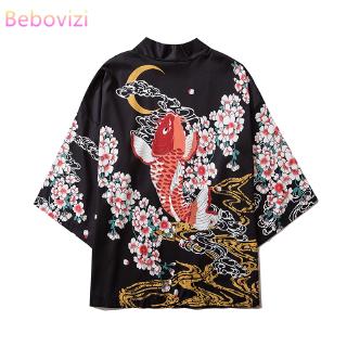 Ins moda negro carpa Kimono Cardigan exterior mujeres/hombres sueltos Harajuku playa japonesa Unisex ropa