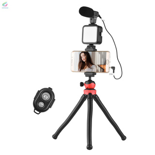 jumpflash kit-04lm vlogging kit smartphone video rig kit incluye 1 luz led 1 trípode 1 micrófono 1 soporte de teléfono 1 mando a distancia para fotografía trípode de grabación soporte [divertido] (1)