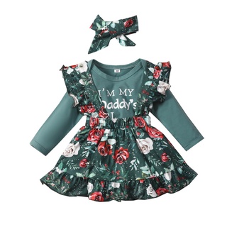 ✭Ah☼Conjunto de ropa de bebé niñas, impresión de letras de manga larga O-cuello mameluco+falda liguero con estampado Floral+diadema