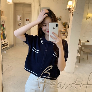 IELGY Polo Collar Short Knit Cardigan Women's New Summer Korean Style Loose Thin Short Sleeve Base Shirt Top (2)