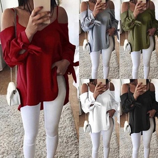 didadia Sexy Solid Color Women V-neck Cold Shoulder Long Sleeve Loose Shirt Blouse Top