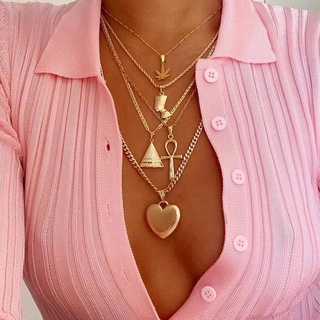 Collar Pirámide De Hoja | Multicapa Con Colgante De Corazón De Melocotón Accesorios Para Damas Acero Inoxidable