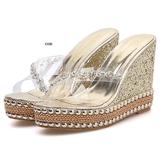 [cod] sandalias de cuña para mujer glitter transparente cross strappy slide sandalias con diamantes de imitación caliente (3)